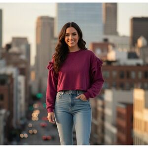 Avec Les Filles Women's Large Berry Pink Long-Sleeve Crew-Neck Ruffle Sweatshirt